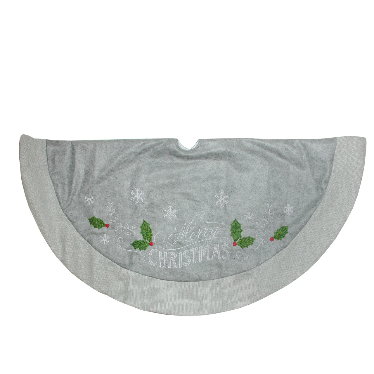 48" Gray And Green 'Merry CHRISTMAS' Mottled Tree Skirt With Herringbone Bordered Trim 3 48" Gray And Green 'Merry CHRISTMAS' Mottled Tree Skirt With Herringbone Bordered Trim