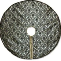 54" Elegant Shiny Black And Antique Gold Damask Floral Print Christmas Tree Skirt