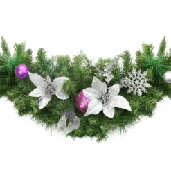 30" Silver And Purple Pre-Decorated Ball Ornaments And Ribbon Artificial Christmas Swag - Unlit