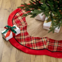 48" Burlap And Red Plaid Christmas Tree Skirt