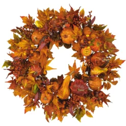 Autumn Harvest Maple Berries And Pinecones Wreath, Orange - 28-Inch