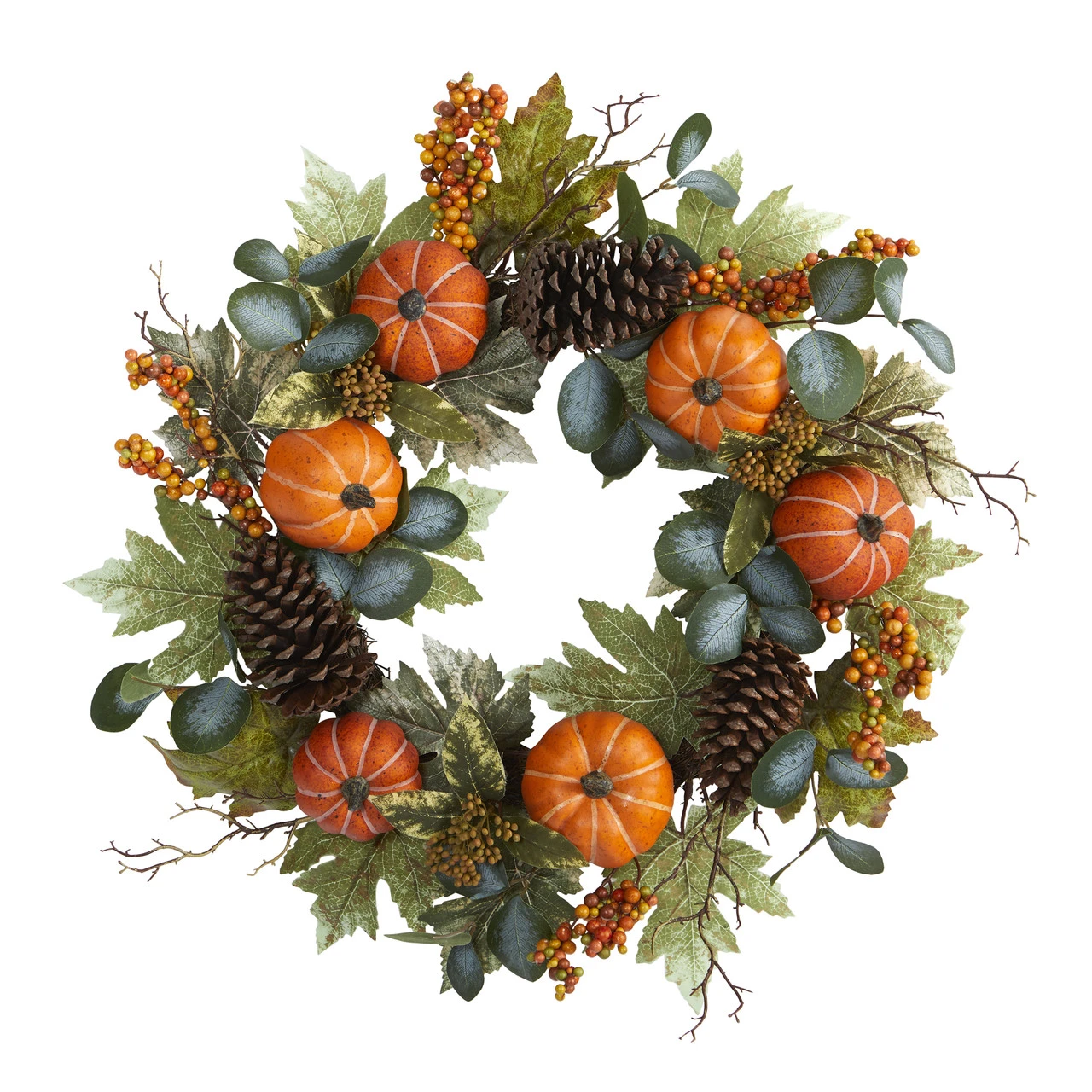 Pumpkins Pine Cones And Berries Fall Artificial Wreath, Green And Orange - 24-Inch 3 Pumpkins Pine Cones And Berries Fall Artificial Wreath, Green And Orange - 24-Inch