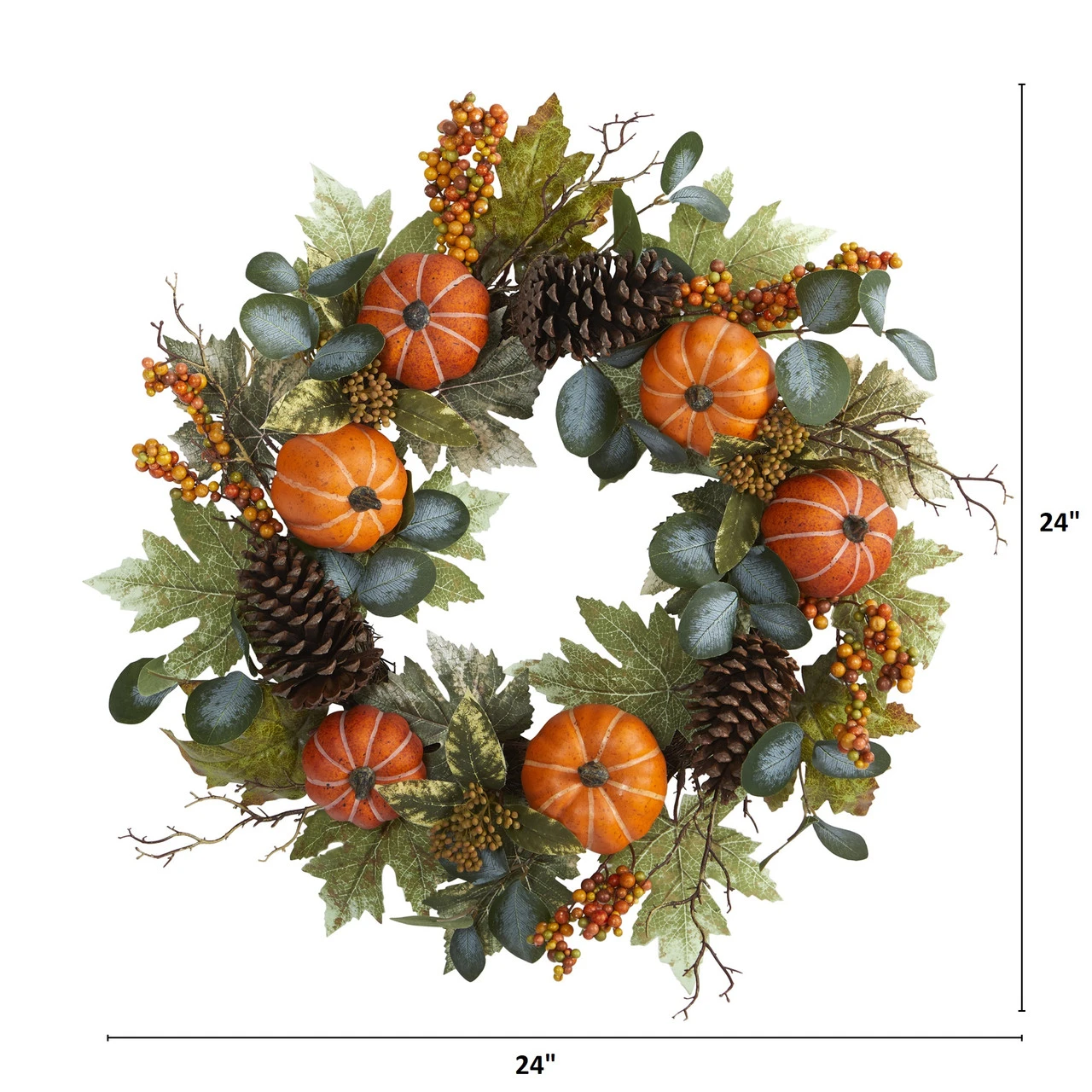 Pumpkins Pine Cones And Berries Fall Artificial Wreath, Green And Orange - 24-Inch 4 Pumpkins Pine Cones And Berries Fall Artificial Wreath, Green And Orange - 24-Inch - Image 2