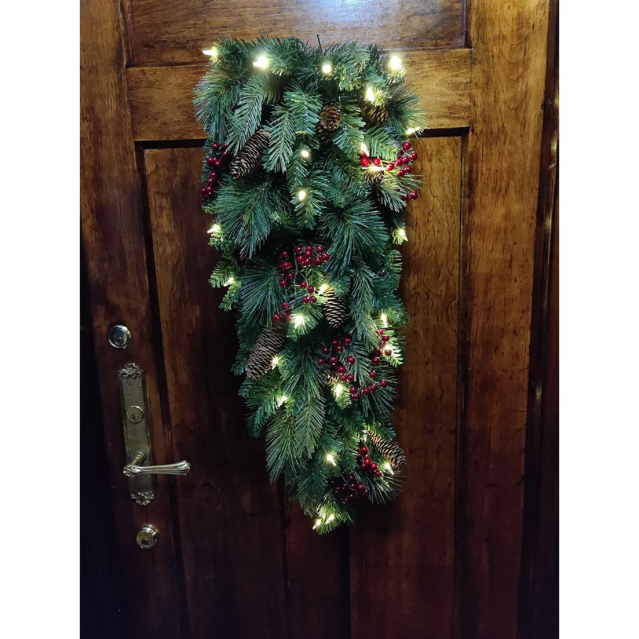 32" Pre-Lit Pine Artificial Christmas Teardrop Swag, Warm White And Multi LED Lights 4 32" Pre-Lit Pine Artificial Christmas Teardrop Swag, Warm White And Multi LED Lights - Image 2