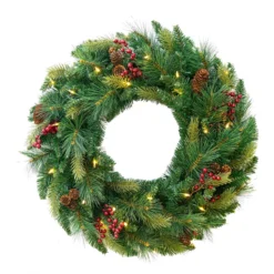 Pre-Lit Pine Artificial Christmas Wreath, 24-Inch, Warm White And Multi LED Lights