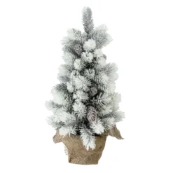 19" Potted Slim Flocked Mini Pine Artificial Christmas Tree In Burlap Base - Unlit