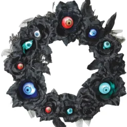 Pre-Lit Black And Blue Eyeball Halloween Wreath - 15-Inch