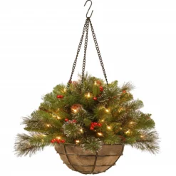 20" Pre-Lit Artificial Pine Christmas Hanging Basket With Berries - Warm White LED Lights/BO