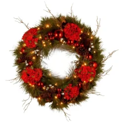 24" Pre-Lit B/O LED Hydrangea Artificial Christmas Wreath โ Warm White Lights