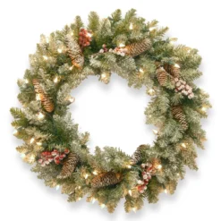 Pre-Lit Dunhill Fir Artificial Christmas Wreath With Red Berries โ 24-Inch Clear Lights