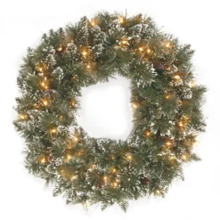 Pre-Lit Glittery Bristle Pine Artificial Christmas Wreath - 24-Inch, Clear Lights