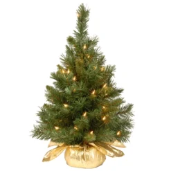 2’ Pre-lit Potted Majestic Fir Tree Artificial Christmas Tree In Gold Cloth Bag – Clear Lights