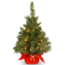 2' Pre-lit Potted Majestic Fir Tree Artificial Christmas Tree In Red Cloth Bag – Clear Lights