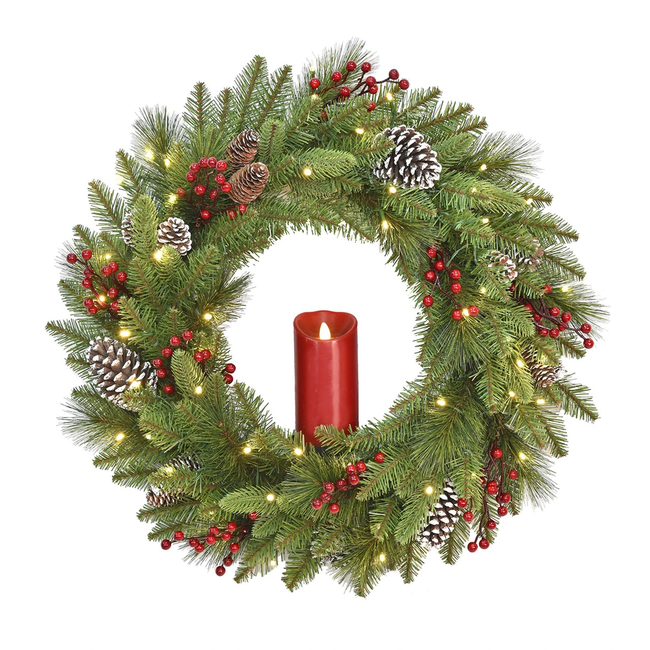 24” Pre-Lit Bristle Berry Christmas Wreath With Single Candle – LED Lights 3 24” Pre-Lit Bristle Berry Christmas Wreath With Single Candle – LED Lights