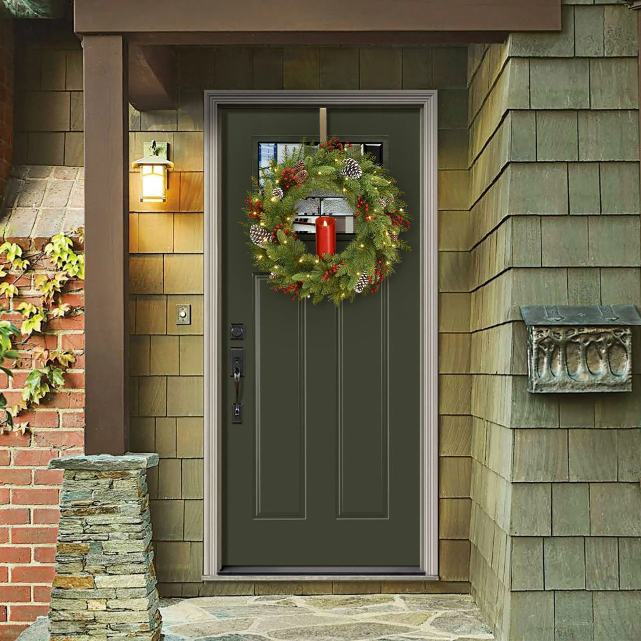 24” Pre-Lit Bristle Berry Christmas Wreath With Single Candle – LED Lights 5 24” Pre-Lit Bristle Berry Christmas Wreath With Single Candle – LED Lights - Image 3