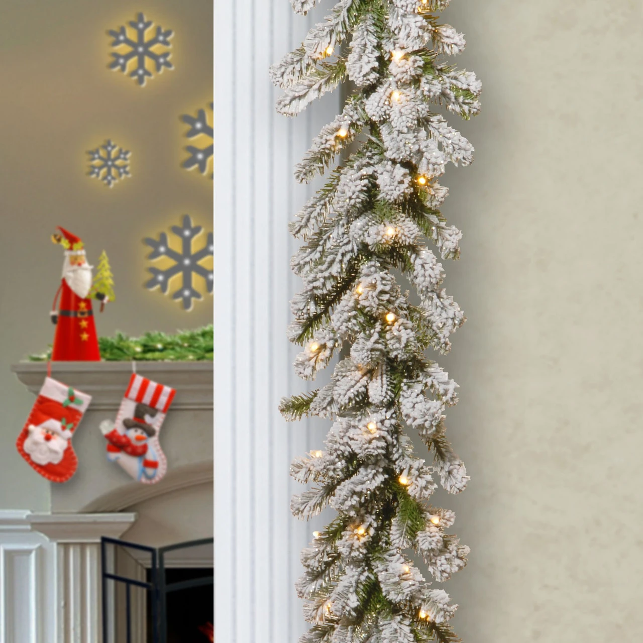 9' X 12" Pre-Lit Snowy Sheffield Spruce Artificial Christmas Garland - Clear Lights 4 9' X 12" Pre-Lit Snowy Sheffield Spruce Artificial Christmas Garland - Clear Lights - Image 2