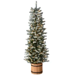 6' Pre-lit Potted Snowy Sheffield Spruce Slim Artificial Christmas Tree, Clear Lights