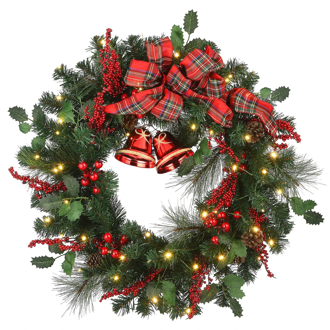 Pre-Lit LED Plaid Bow With Bells Artificial Christmas Wreath - 30-Inch, Warm White Lights 3 Pre-Lit LED Plaid Bow With Bells Artificial Christmas Wreath - 30-Inch, Warm White Lights