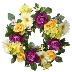Purple And Yellow Flower Decorated Artificial Wreath - 18-Inch, Unlit