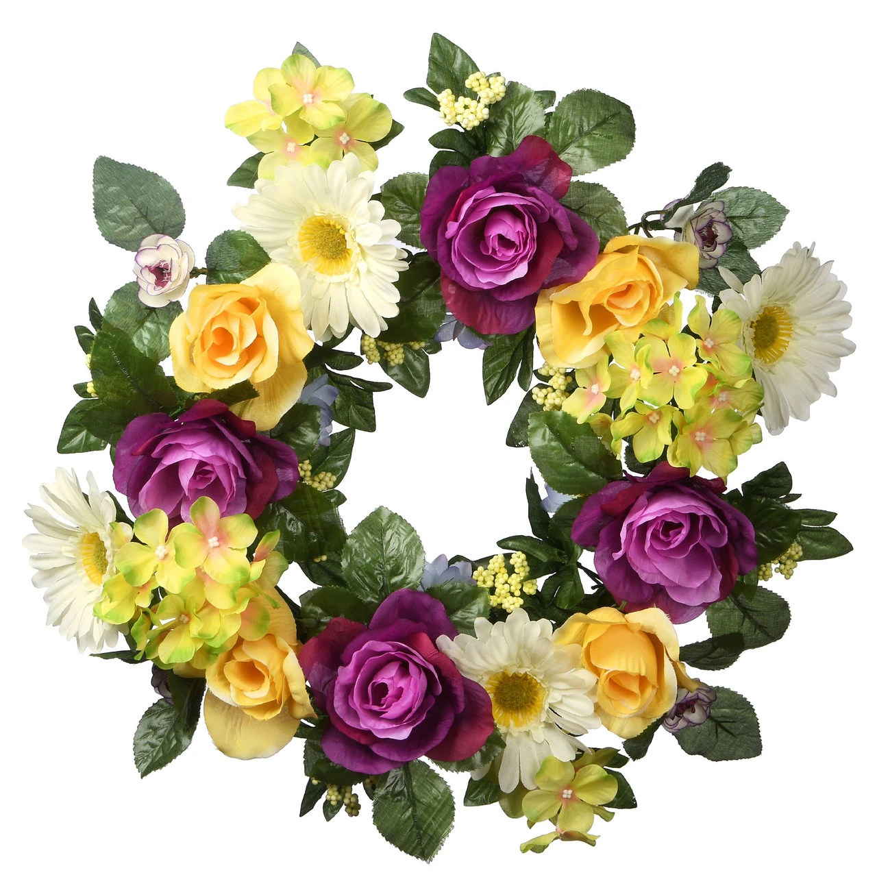 Purple And Yellow Flower Decorated Artificial Wreath - 18-Inch, Unlit 3 Purple And Yellow Flower Decorated Artificial Wreath - 18-Inch, Unlit