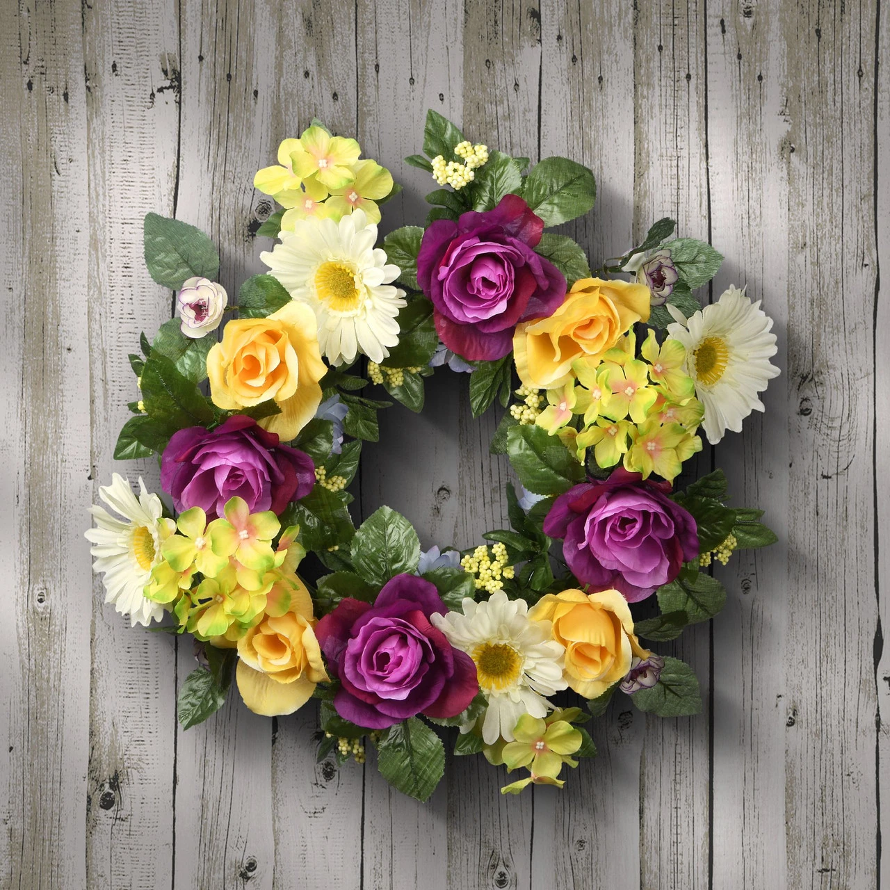 Purple And Yellow Flower Decorated Artificial Wreath - 18-Inch, Unlit 6 Purple And Yellow Flower Decorated Artificial Wreath - 18-Inch, Unlit - Image 4