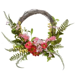 Pink And Green Spring Flower Artificial Wreath - 20-Inch, Unlit