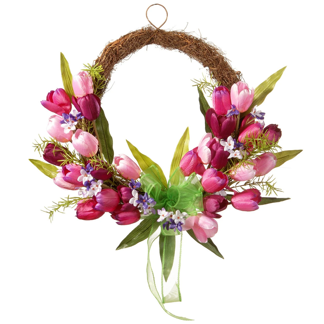 Pink And Green Tulip Twig Artificial Floral Wreath - 20-Inch, Unlit 3 Pink And Green Tulip Twig Artificial Floral Wreath - 20-Inch, Unlit