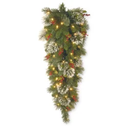 48" Pre-Lit Wintry Pine Battery Operated Artificial Christmas Teardrop Swag - Warm White LED Lights