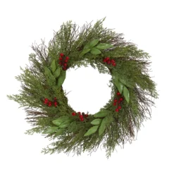 Green And Red Artificial Cedar And Ruscus With Berries Christmas Wreath, 20-Inch