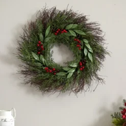Green And Red Artificial Cedar And Ruscus With Berries Christmas Wreath, 20-Inch -Noel Twinkle Shop dnnl204362 4 00113.1681814462