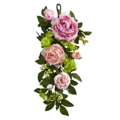 24" Peony And Hydrangea Artificial Spring Teardrop Swag - Unlit
