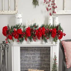 6' X 11" Red Hydrangea Artificial Christmas Garland, Unlit -Noel Twinkle Shop dnnl204663 3 31523.1681814307
