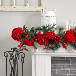6' X 11" Red Hydrangea Artificial Christmas Garland, Unlit -Noel Twinkle Shop dnnl204663 4 87350.1681814307
