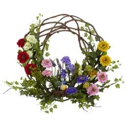 Green Decorative Spring Floral Wreath, 22-Inch