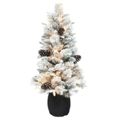 4.5' Pre-lit Potted Flocked Pine Slim Artificial Christmas Tree, Clear Lights