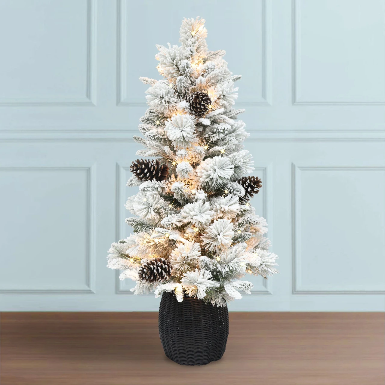 4.5' Pre-lit Potted Flocked Pine Slim Artificial Christmas Tree, Clear Lights 4 4.5' Pre-lit Potted Flocked Pine Slim Artificial Christmas Tree, Clear Lights - Image 2