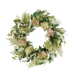 24" Green And White Puleo International Artificial Hydrangea And Dogwood Floral Spring Wreath