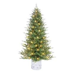 7.5' Pre-lit Potted Green Pine Medium Artificial Christmas Tree, Clear Lights