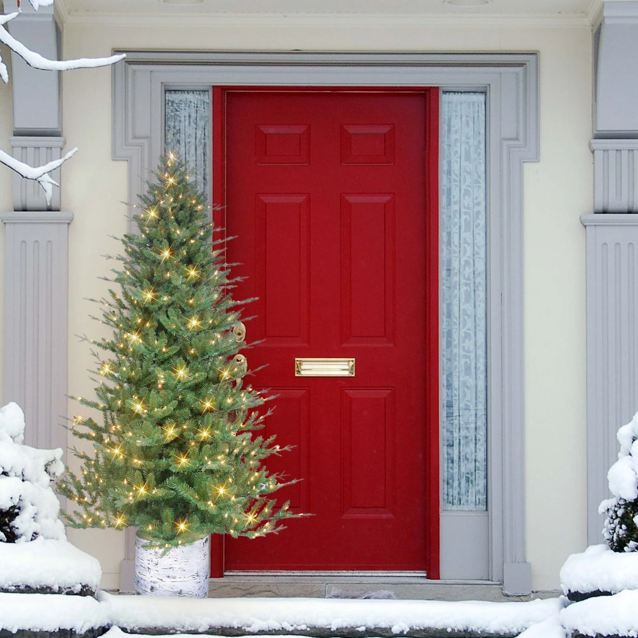 7.5' Pre-lit Potted Green Pine Medium Artificial Christmas Tree, Clear Lights 5 7.5' Pre-lit Potted Green Pine Medium Artificial Christmas Tree, Clear Lights - Image 3