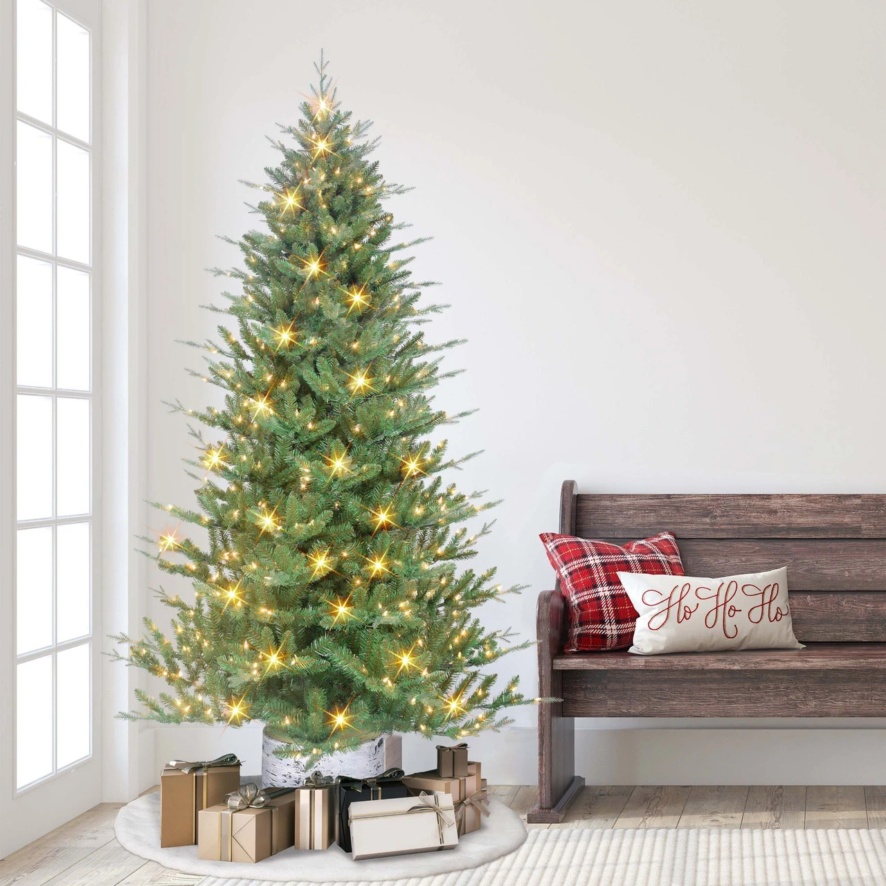 7.5' Pre-lit Potted Green Pine Medium Artificial Christmas Tree, Clear Lights 4 7.5' Pre-lit Potted Green Pine Medium Artificial Christmas Tree, Clear Lights - Image 2