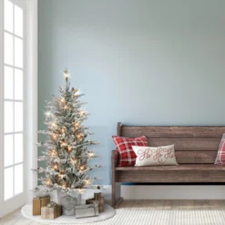 4.5' Pre-lit Potted Flocked Pine Medium Artificial Christmas Tree, Clear Lights -Noel Twinkle Shop dpul 1832 stf45c1 3 71049.1688544148