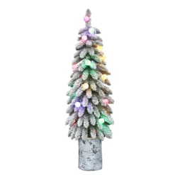 4' Pre-Lit Potted Flocked Alpine Pencil Artificial Christmas Tree, Multicolor Lights