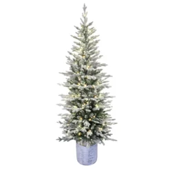 6' Pre-Lit Potted Flocked Arctic Fir Christmas Tree With Warm White LED Lights