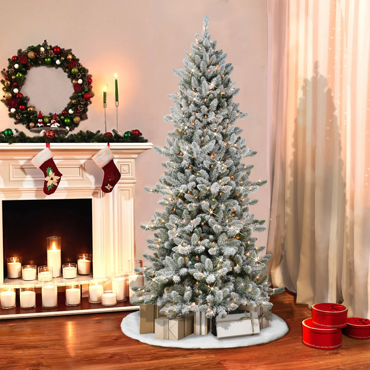 7.5' Pre-Lit Slim Flocked Spruce Artificial Christmas Tree, Clear Lights 4 7.5' Pre-Lit Slim Flocked Spruce Artificial Christmas Tree, Clear Lights - Image 2