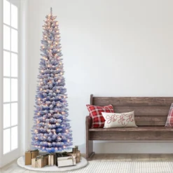 7.5' Pre-lit Flocked Fashion Blue Pencil Artificial Christmas Tree, Clear Lights -Noel Twinkle Shop dpul tpf9612 75c3 bl 2 62924.1688154568