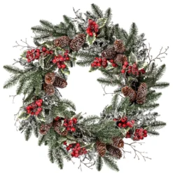 Green, Red, And Brown Sequin Berries And Hollies Christmas Wreath -24-Inch, Unlit