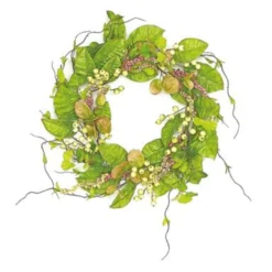 Mixed Foliages With Berries Artificial Spring Floral Wreath, Green And Pink 24-Inch