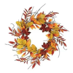 Mixed Leaves Artificial Autumn Wreath, Red And Green 24-Inch