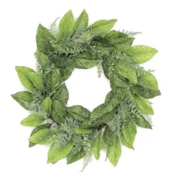 Magnolia Foliage, Ferns And Tea Leaves Artificial Spring Wreath, Green 24-Inch