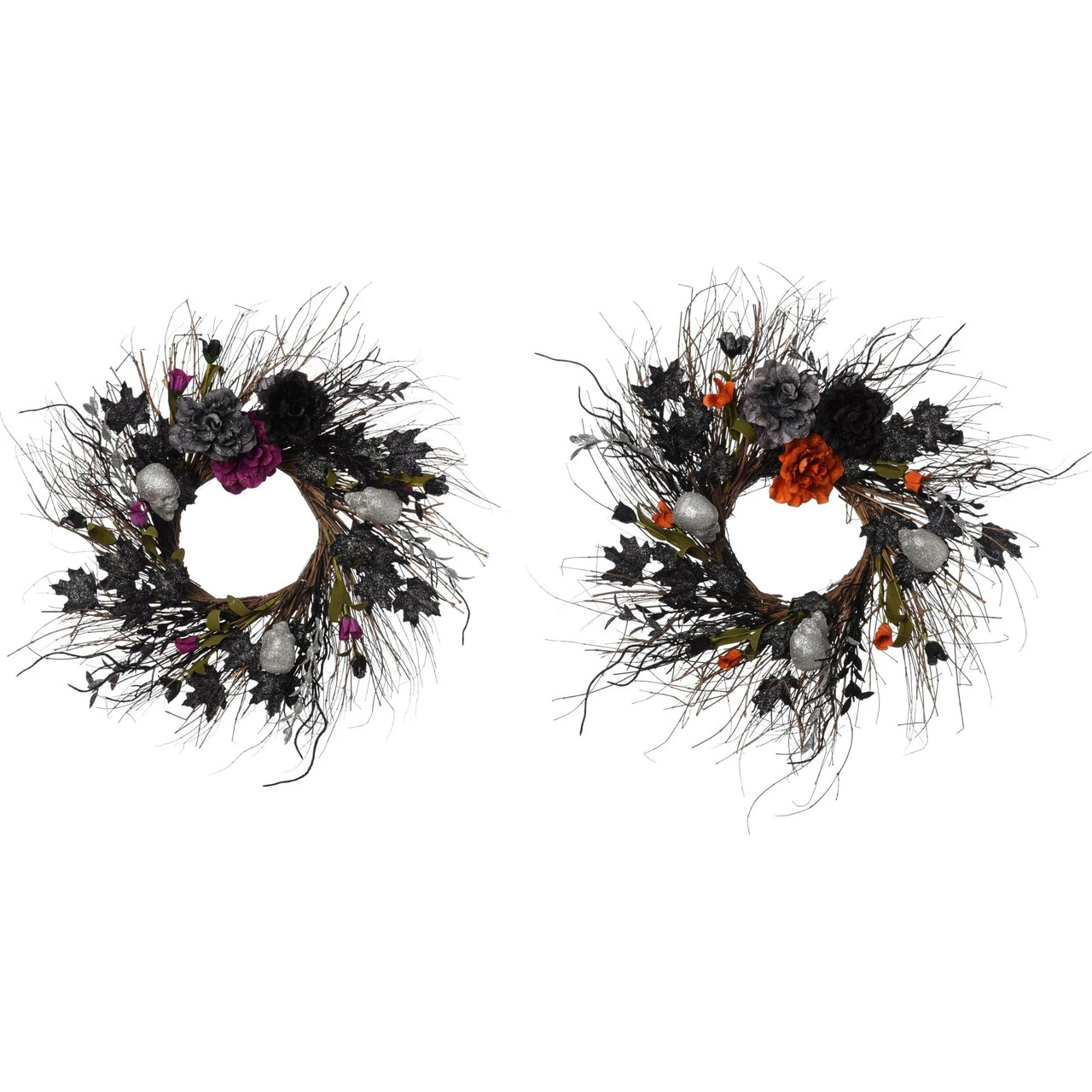Set Of 2 Black And Grey Plastic Halloween Skull And Flower Wreath 24" 3 Set Of 2 Black And Grey Plastic Halloween Skull And Flower Wreath 24"
